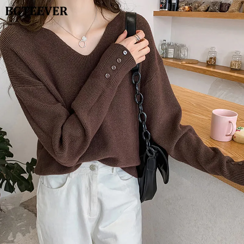 

BGTEEVER Autumn Winter V-neck Women Sweaters Jumpers Casual Long Sleeve Warm Loose Female Knitted Pullovers Tops 2021