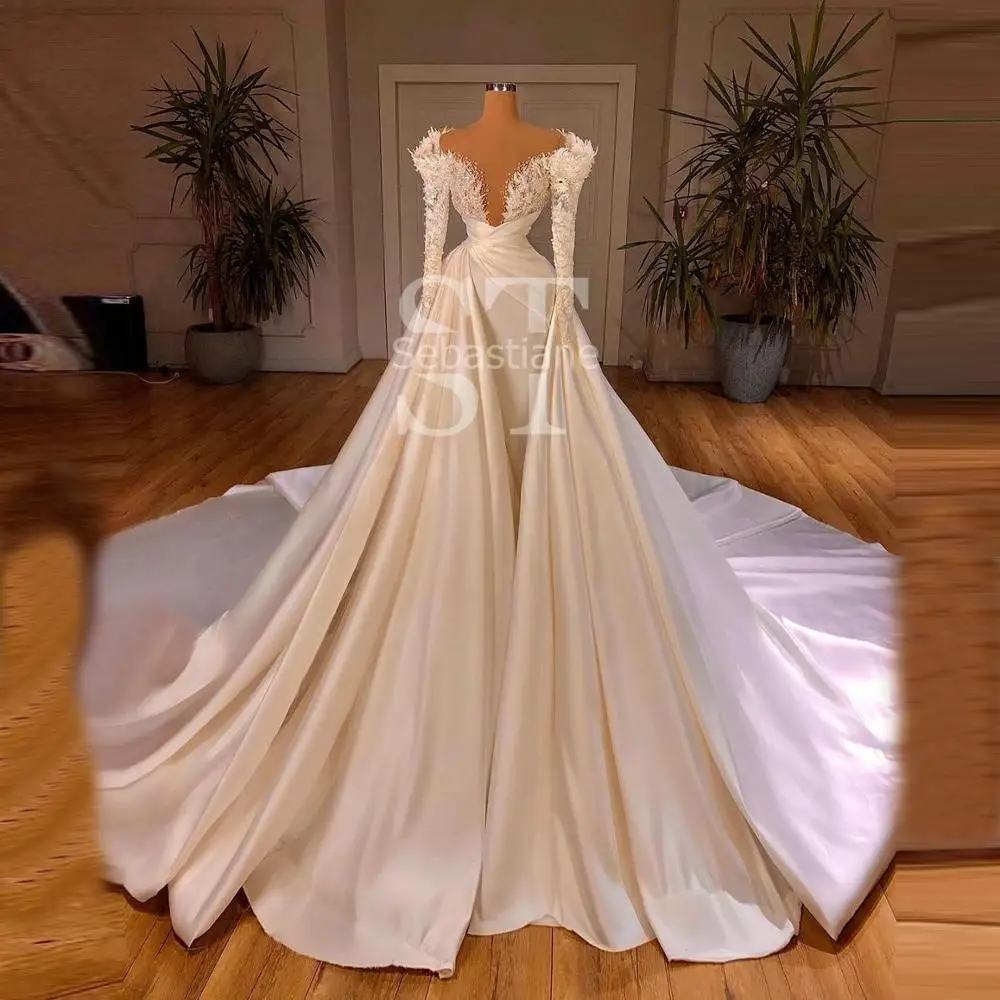 

Роскошное бальное платье, свадебные платья с длинным рукавом, без бретелек, с кружевом и бисером, изготовленное на заказ, атласное свадебное...