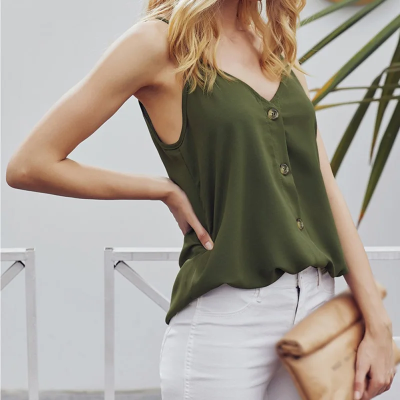 

ROPALIA Buttons Sleeveless Sling Summer Women Pure Color Loose V-neck Tops