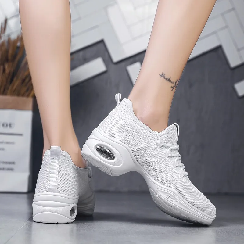 Female Flying Woven Dance Shoes Ladies Casual Sneakers Breathable Mesh Light Walking Soft Sole Hollow Sneakers 2022 New Modern