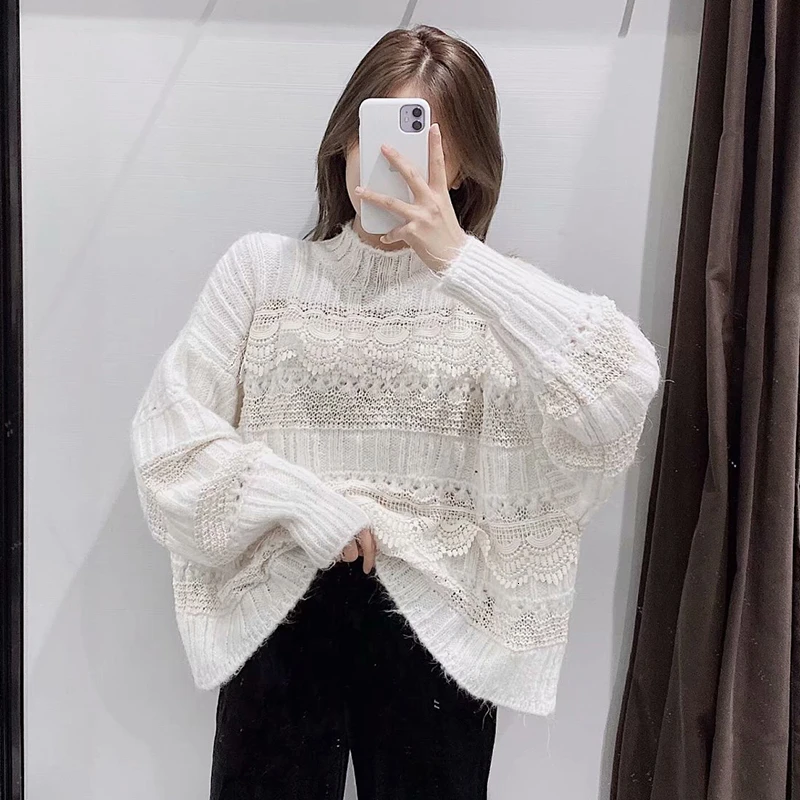 Повседневные Лоскутные кружевные открытые женские свитера с круглым вырезом