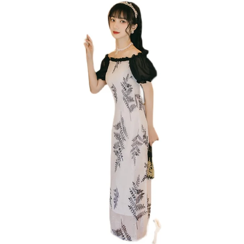 

COIGARSAM Cheongsam Women dress New Puff Sleeve Dresses 1907