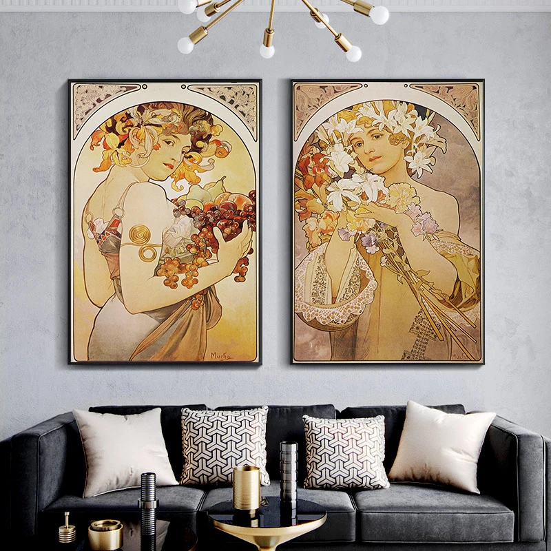 

Alphonse Mucha Elegant Woman Canvas Paintings on The Wall Art Posters Prints Canvas Art Pictures Cuadros for Living Room Decor