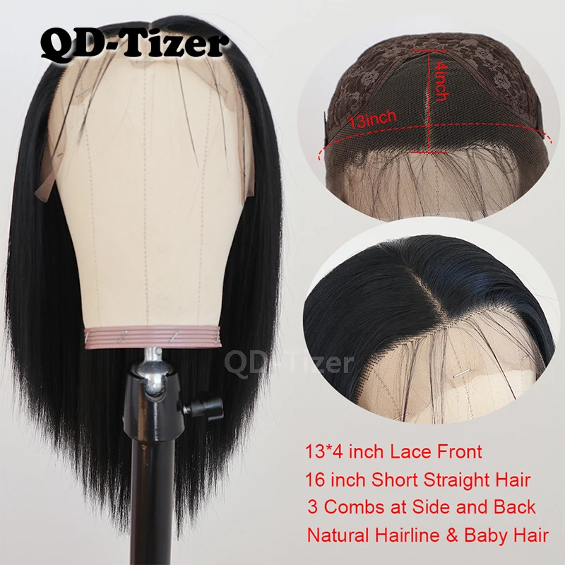 QD-Tizer Short Bob Black Color Heat Resistant Fiber Hair Lace Front Wigs Glueless Synthetic Lace Wig Natural Hairline