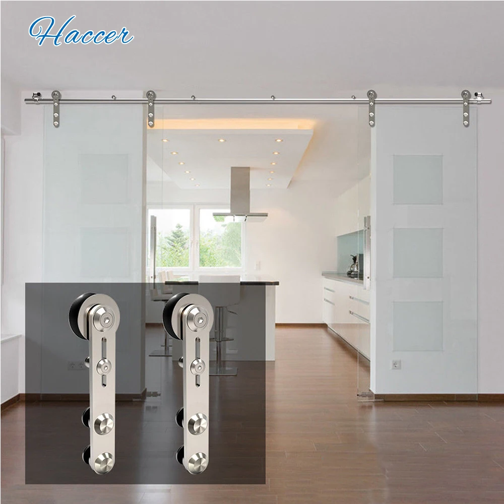 

HACCER 4-16FT Double Sliding Barn Door Hardware Kit Stainless Steel Sliding Door Round Shaped Hanger for Wood & Glass Door