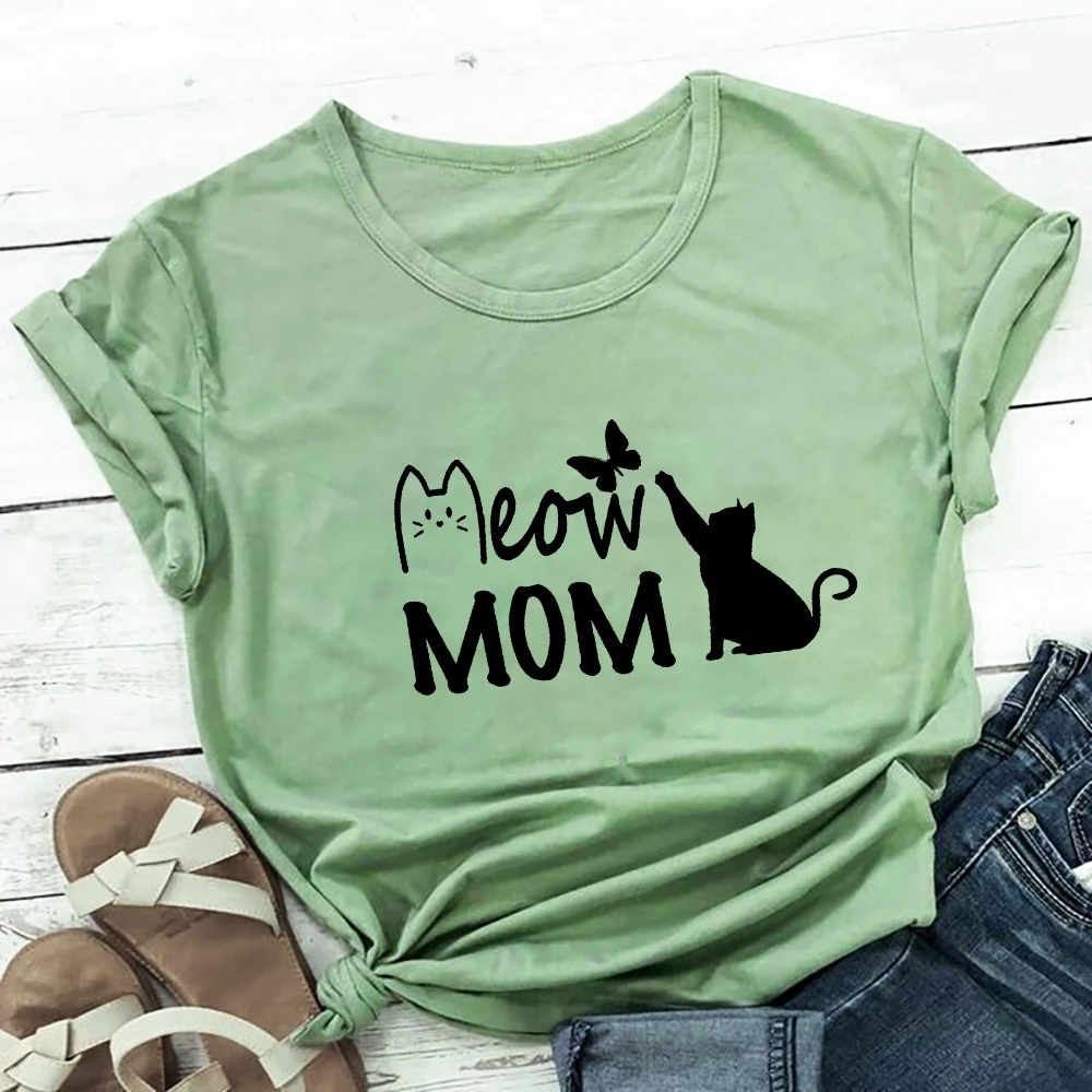 

Meow Mom Cute Cat with Butterfly Women Tshirt Cat Mom Life Funny Summer Casual Short Sleeve Tops Pet Lover Gift TX5717