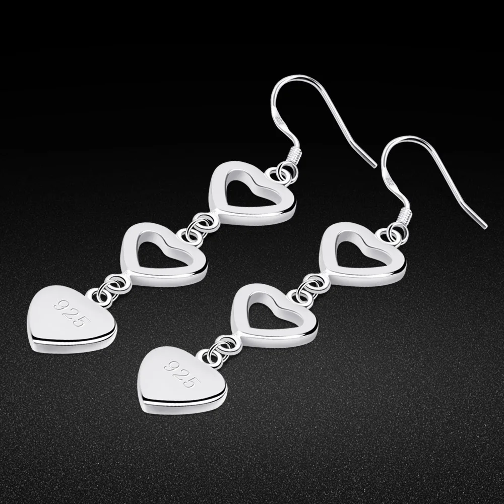 Серьги с подвеской в виде трех сердечек из серебра и 925 пробы вечерние аксессуары