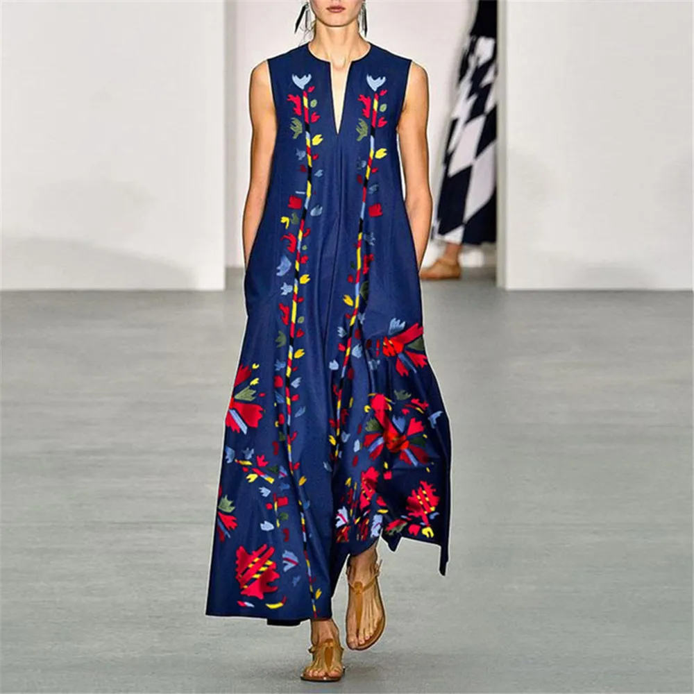 

Bohemian Women Sleeveless Dress 2021 Floral Print Party Dresses Summer Casual Sexy Maxi Boho Dress V-Neck Female Vestidos
