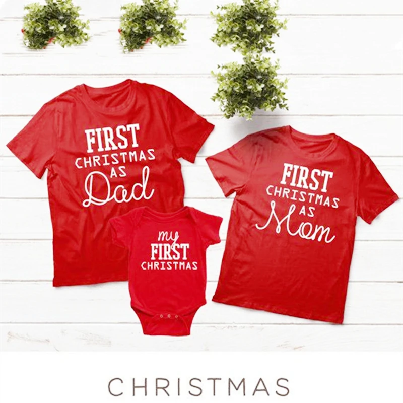 First Christmas As Mom Family Matching Clothes Mother Father Daughter Son Kids Baby T Shirt T-shirt Short Sleeve Tops | Женская одежда