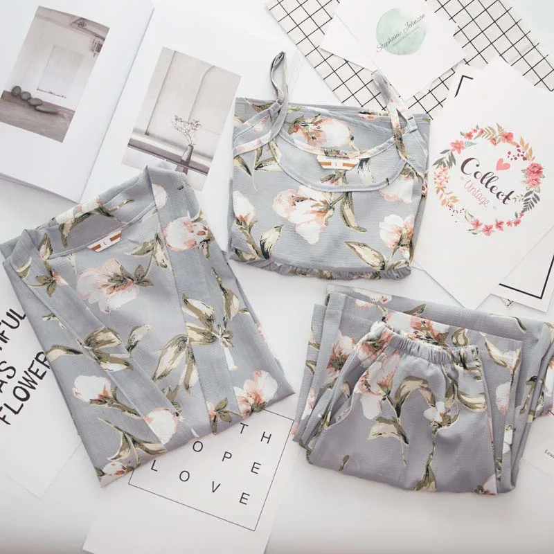 Женский пижамный комплект осенняя Хлопковая пижама из 3 предметов для женщин на