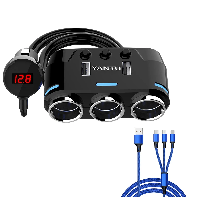 with 3 in 1 cable Двойное USB Автомобильное зарядное устройство 3 Way розетка для автомобильного прикуривателя Разветвитель зарядное устройство DC 12~ 24 В прикуриватель розетка светодиодный дисплей напряжения - Название цвета: with 3 in 1 cable