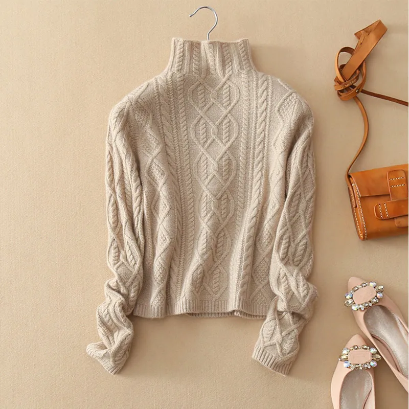 Зимний вязаный женский пуловер с высоким воротом свитер длинным рукавом