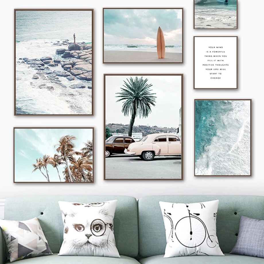 

Sea Beach Waves Palm Tree Car Surfboard Wall Art Canvas Painting Nordic Posters And Prints Wall Pictures For Living Room Decor