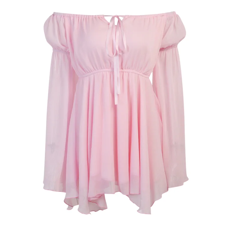 

Beyouare 2021 New Summer Chiffon Mini Dress For Women's Beach Style Elegant Slash Neck Flare Sleeve Bandage Asymmetrical Dresses