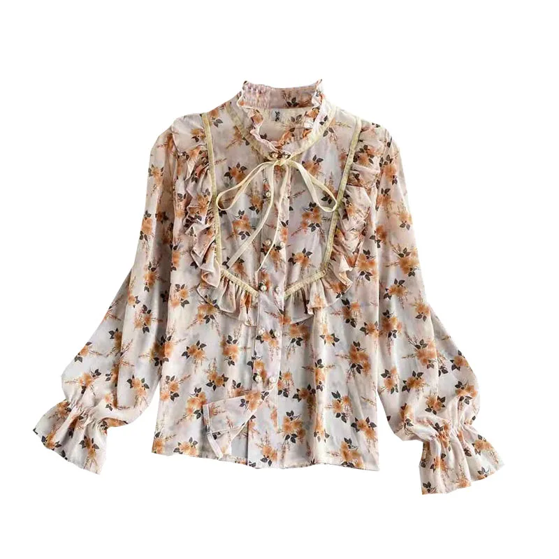 

Spring Autumn New Loose Temperament Blouse Women's Fungus Stand Collar Ruffled Floral Trumpet Sleeve Chiffon Shirt