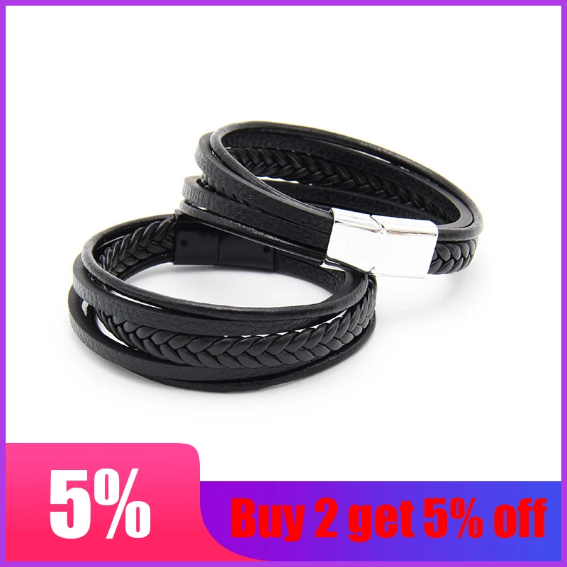 Мужской Магнитный кожаный браслет кнопочный мужской многослойный Плетеный