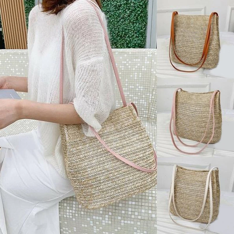 

Соломенная пляжная сумка-мешок, винтажная плетеная сумка на плечо, богемная Летняя женская сумка-тоут, дизайнерская брендовая большая мода ...