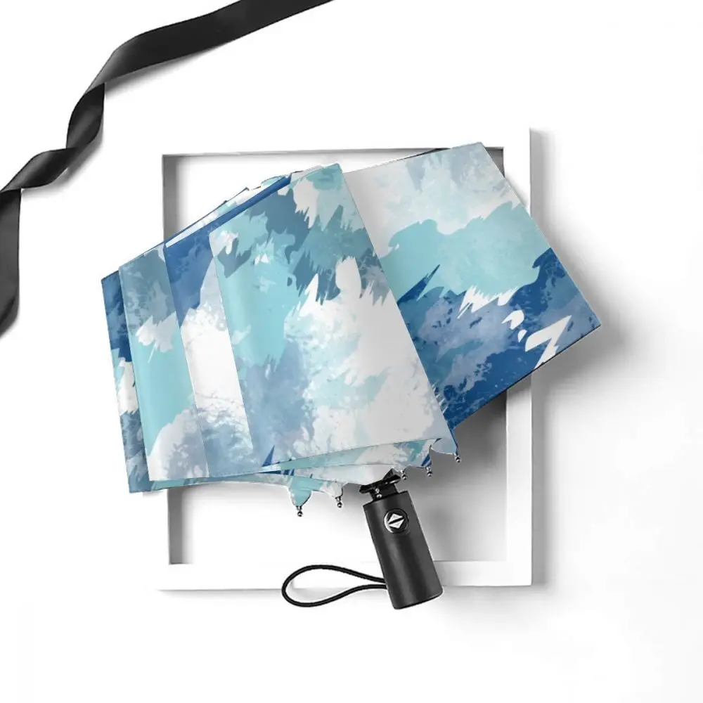 Offerte Automatico Ombrello Pioggia Donne Three-ombrello Di Indigo Tie-Dye Antivento Ombrello Femminile Impermeabile Parasole