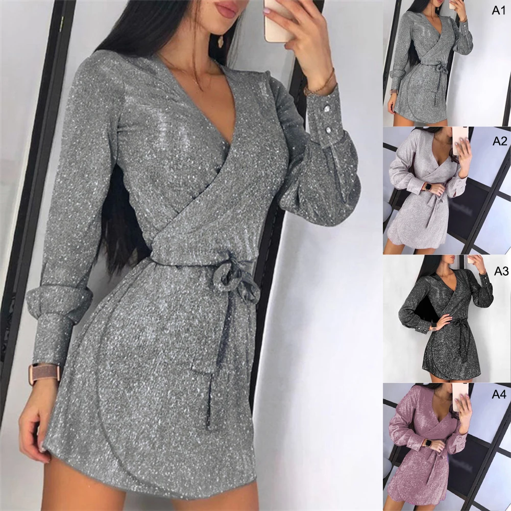 Новинка 2019 Осеннее женское сексуальное мини-платье с глубоким V-образным вырезом