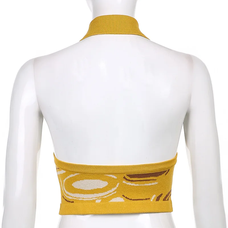 

Kalenmos Women Tanks 2021 Summer Street Fashion Irregular Pattern Contrast Halterneck Deep V-neck Sexy Halter Cardigan Camisole