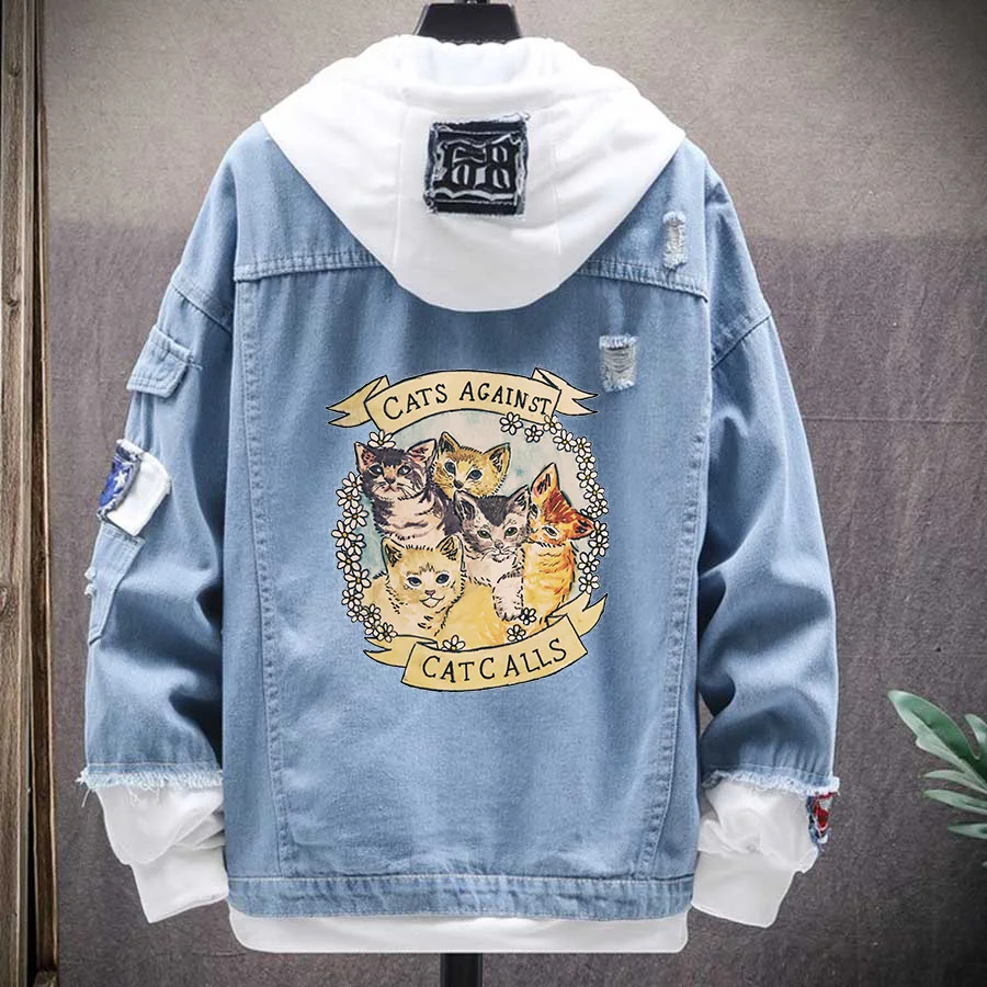 

Куртка мужская джинсовая с рисунком кошки против котов, милый Пиджак из денима, утепленная уличная одежда, винтажная верхняя одежда из дени...