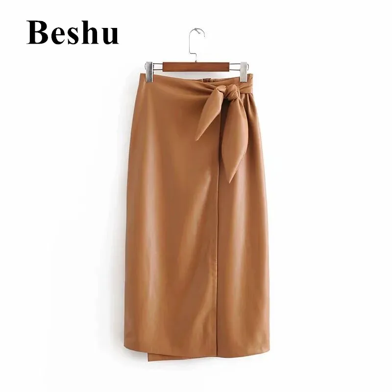 Женские кожаные Облегающие юбки za коричневые элегантные длинные с высокой