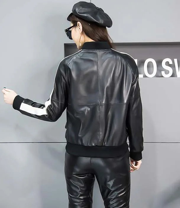 2022 Spring autumn fashion women's genuine sheepskin leather coat motorcycle jacket for lady female black and white patchwork