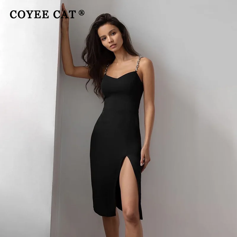 

CoyeeCat Black Silk Dress Women Sexy U-Neck Sleeveless Hight Split Hem Mid Dress Metallic Strap Slim Summer Party Dresses Women