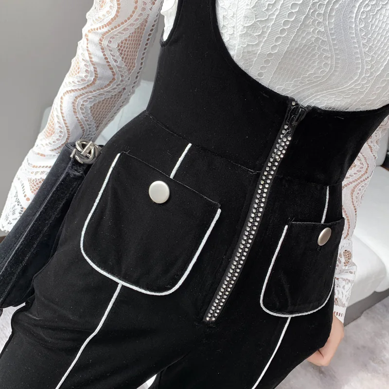 Женский элегантный черный бархатный комбинезон Длинные Комбинезоны сексуальные