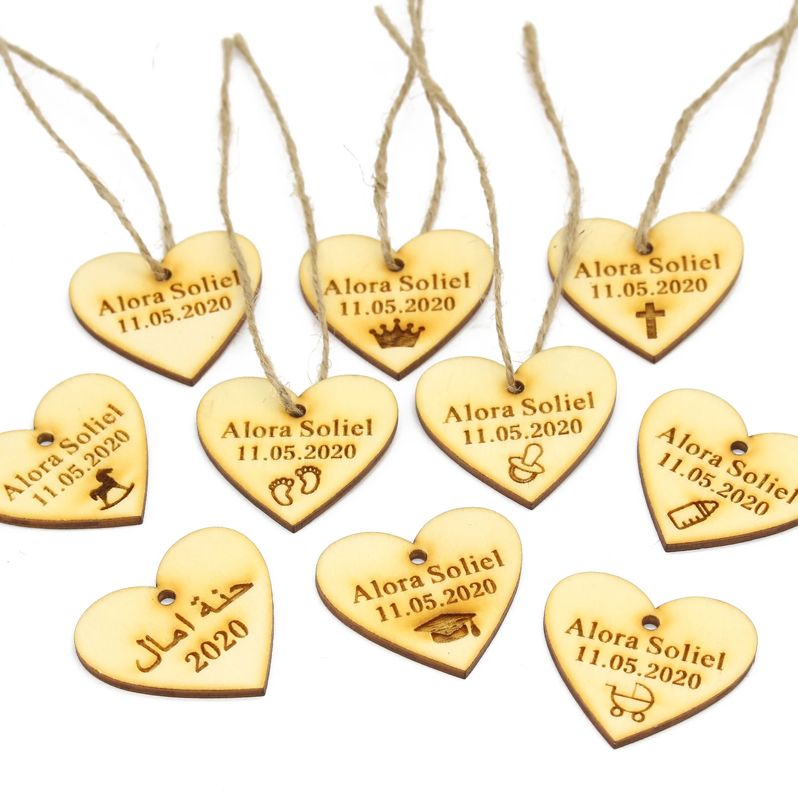 

Бирки деревянные персонализированные с гравировкой имени ребенка, сердца, 50 шт.