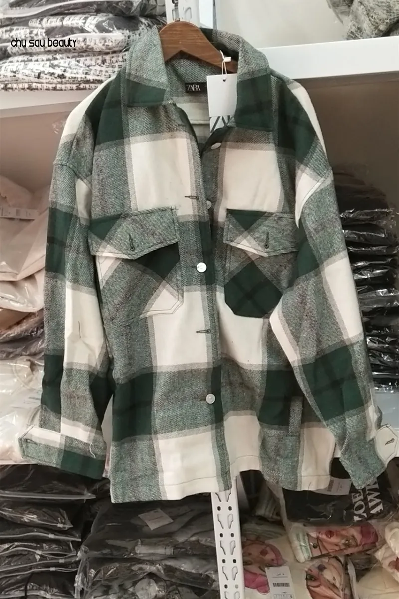 

2021 Spring fashion women green Plaid jacket and coat Long Sleeve office coats Streetwear Oversized bomber jacket C215