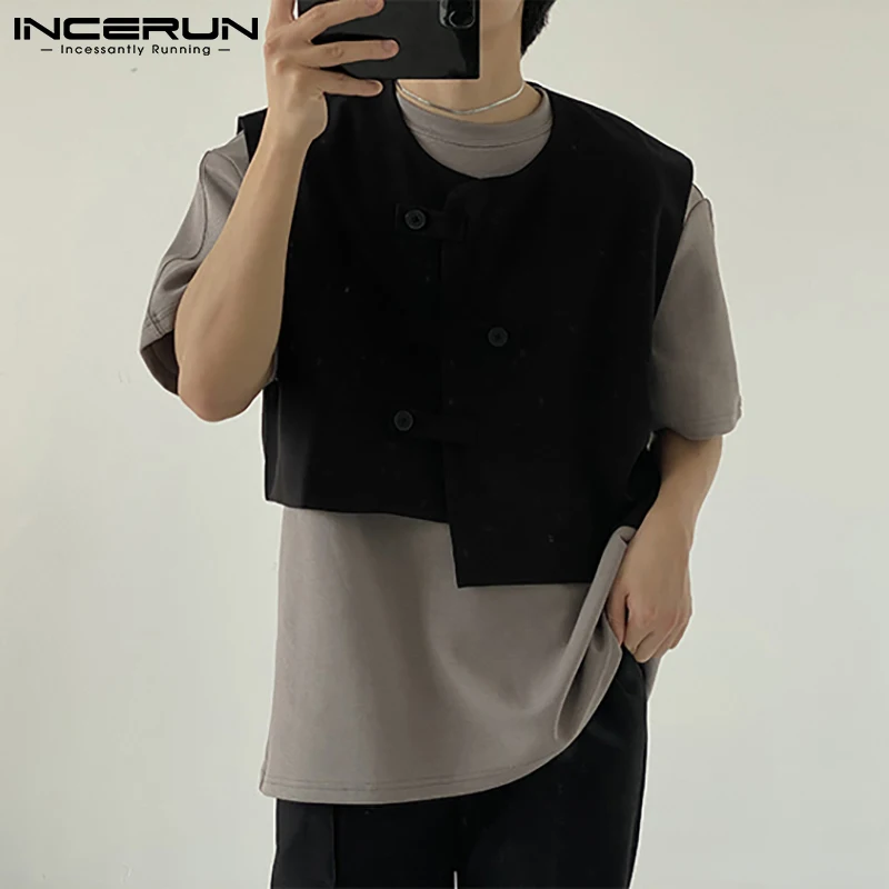 2022 Fashion Men Vests Irregular Button Up Streetwear Sleeveless Casual Personality Waistcoats Solid Color Men Coats 5XL INCERUN