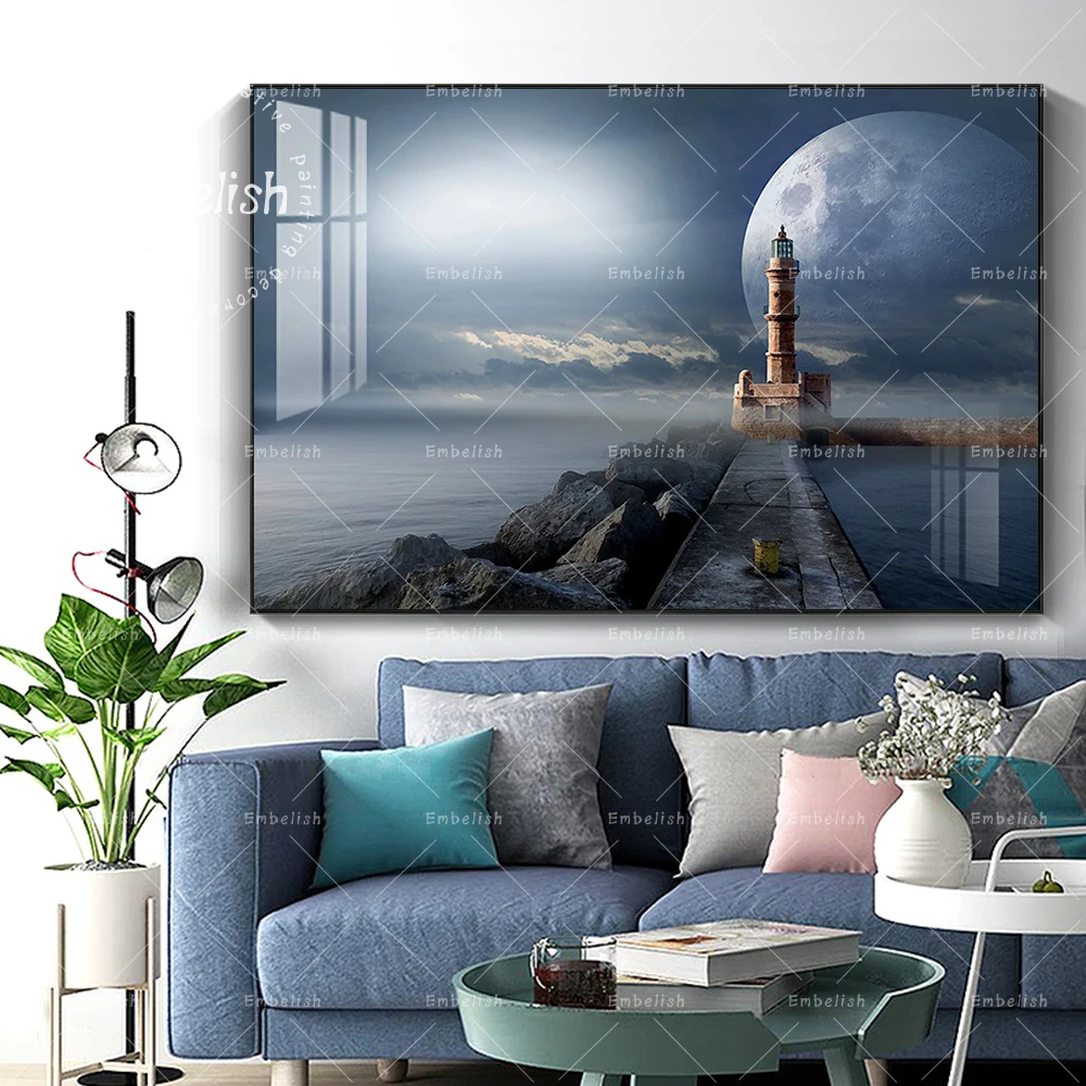 

1 Pieces Abstract Space And Light House New Artworks For Living Room Modern Home Decor Posters HD Spray On Canvas Oil Paintings