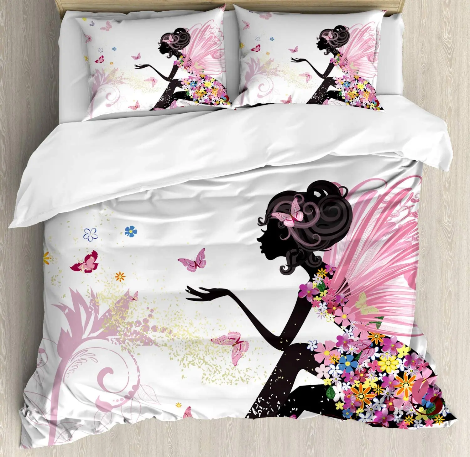 

Ambesonne Fantasy Duvet Cover Set, Girl Silhouette in a Floral Dress Surreal Garden Flying Butterflies Print, Decorative