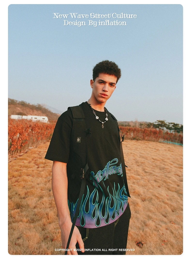 Men's Oversized Tee in Black with Flame Print