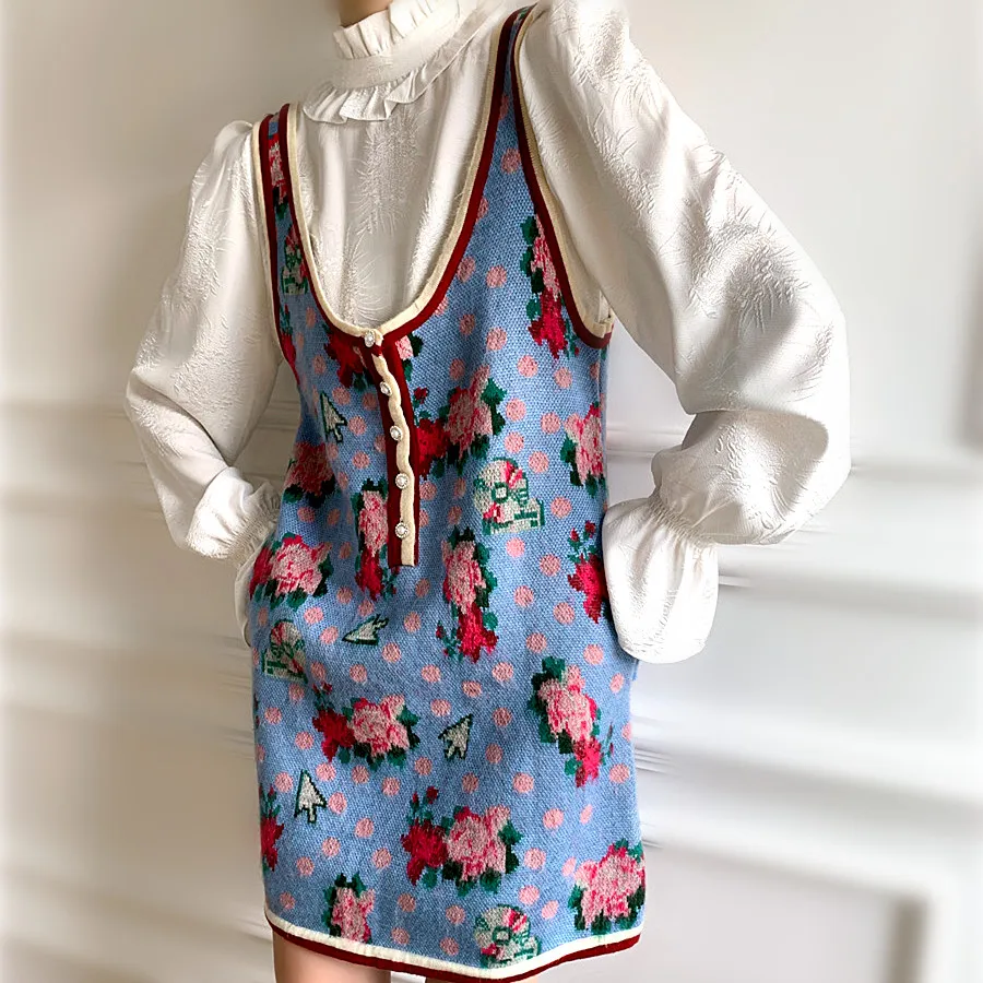 

Dresses Fashion Women's Elegant Spring Knitting Tank Sleeveless Dresses Ladies Vintage Floral Party Mini Dress Vestidos NS551