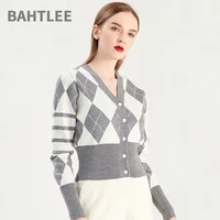bahtlee spring autumn womens wool short style coat knitted cardigan sweater v neck long sleeves diamond inlay technology