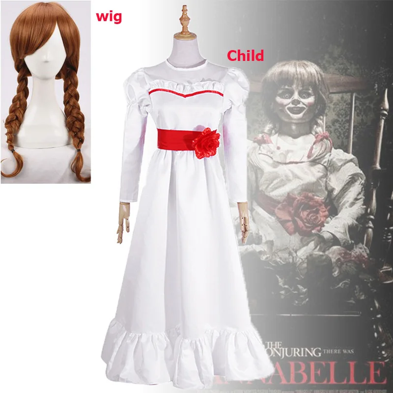 Кукла призрак Аннабель карнавальный костюм на Хэллоуин для девочек белое платье