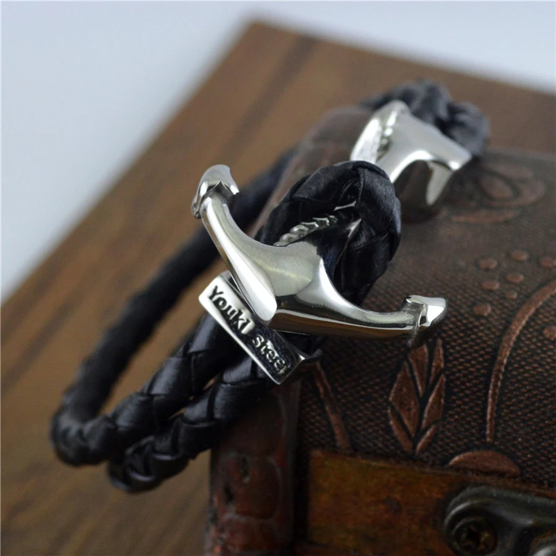 

Vintage Double Layers Leather Bracelets For Women Fashion Jewelry Punk Style Black Stainless Steel Anchor Men's Bracelet Gift