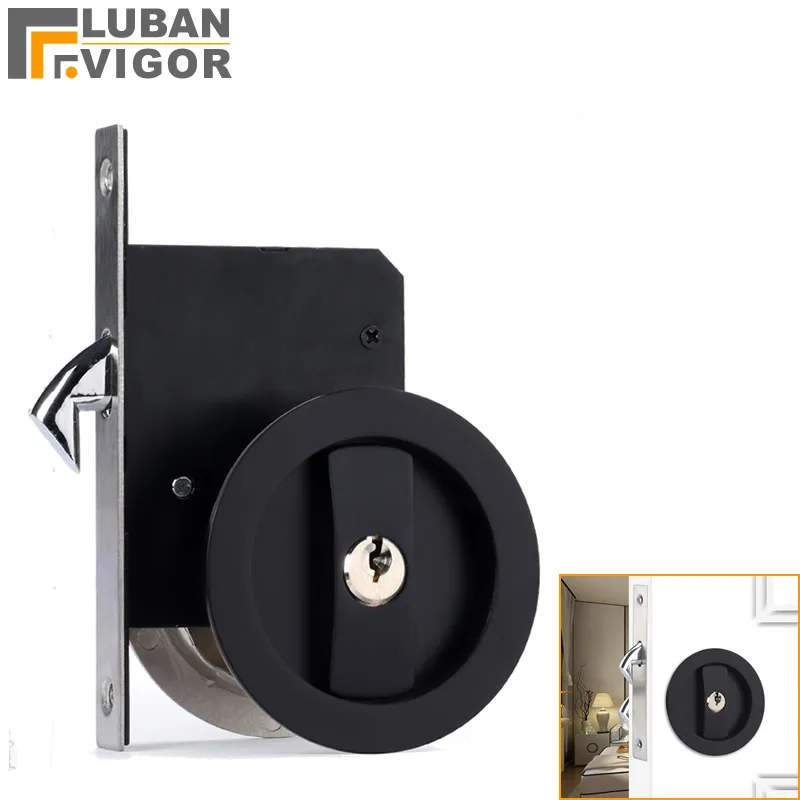 Замок с крючком для раздвижной двери черная круглая ручка скрытый замок цинковый