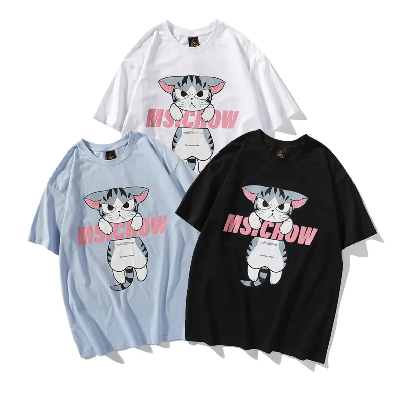 

Summer T Shirt Men Streetwear Cartoon Angry Cat Printed T-Shirt 2021 Harajuku Top Tee Short Sleeve Cotton Women Tshirt