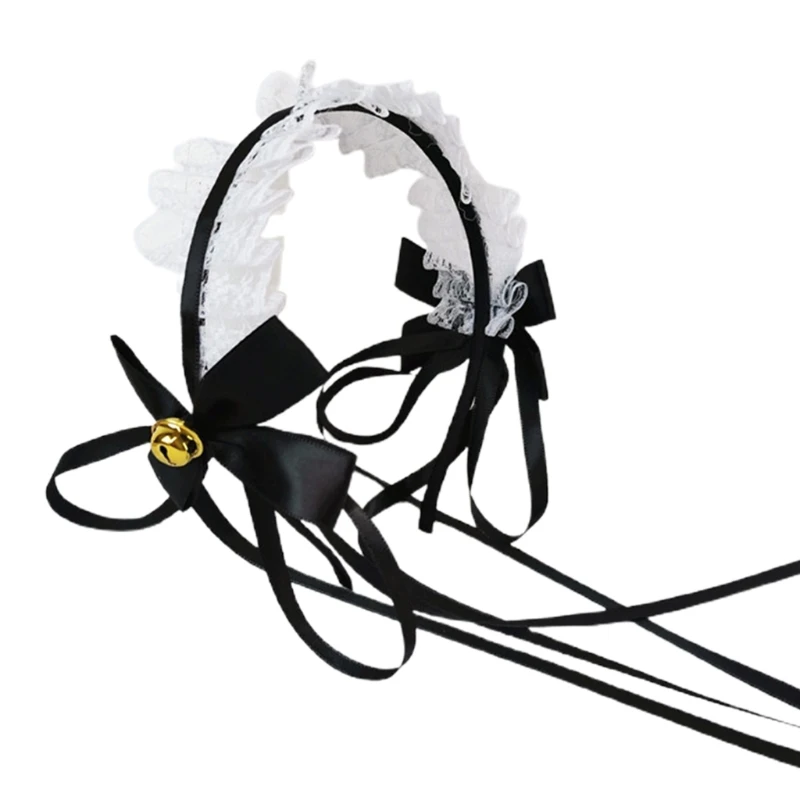 

Lolita Ruffled Lace Headband Long Ribbon Bow Bells Steampunk Cosplay Hair Hoop