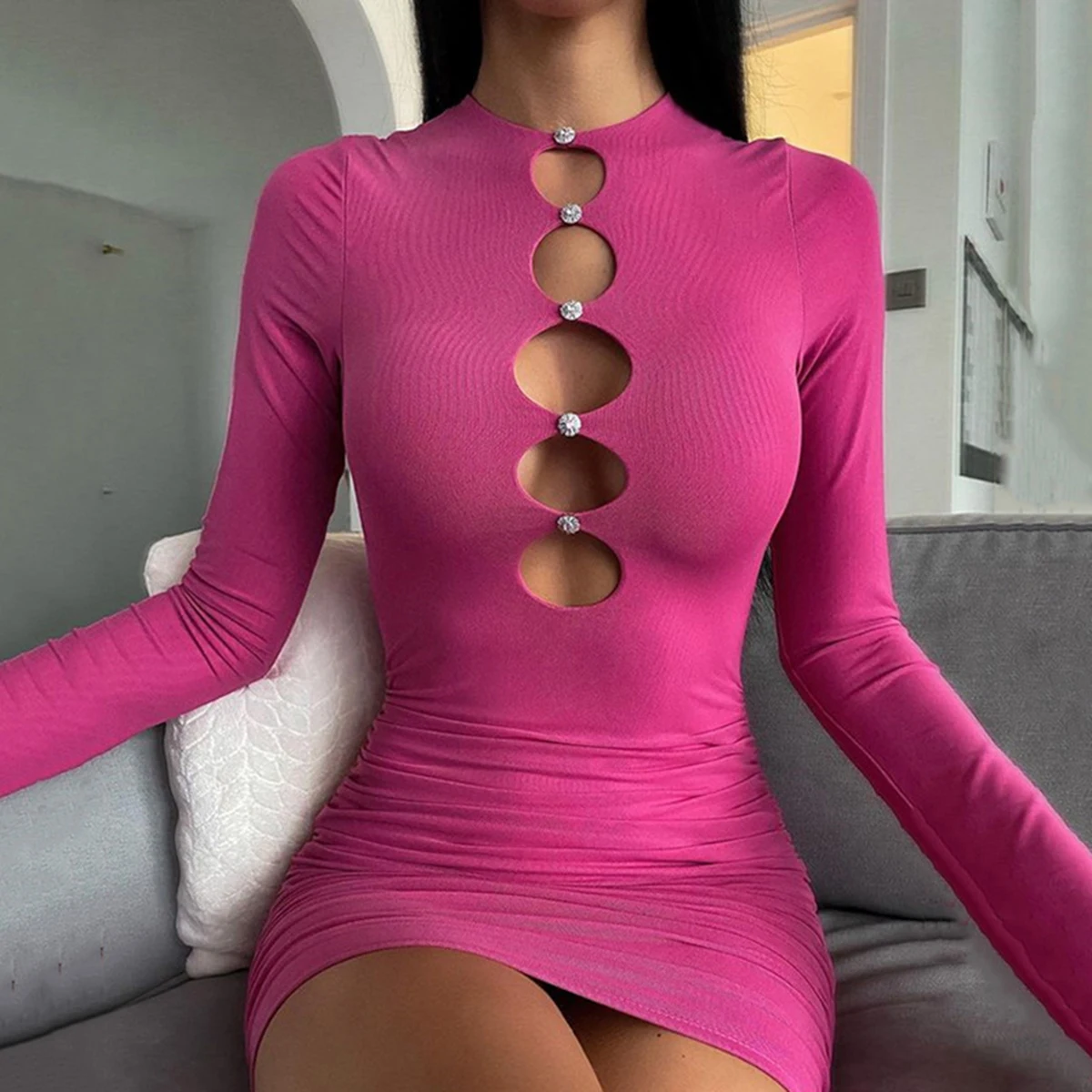 

2022 Spring and Winter Sexy Deep O Neck Bodycon Dress Hollow Out Mini Slimtight-Fitting Hip-knit Dresses