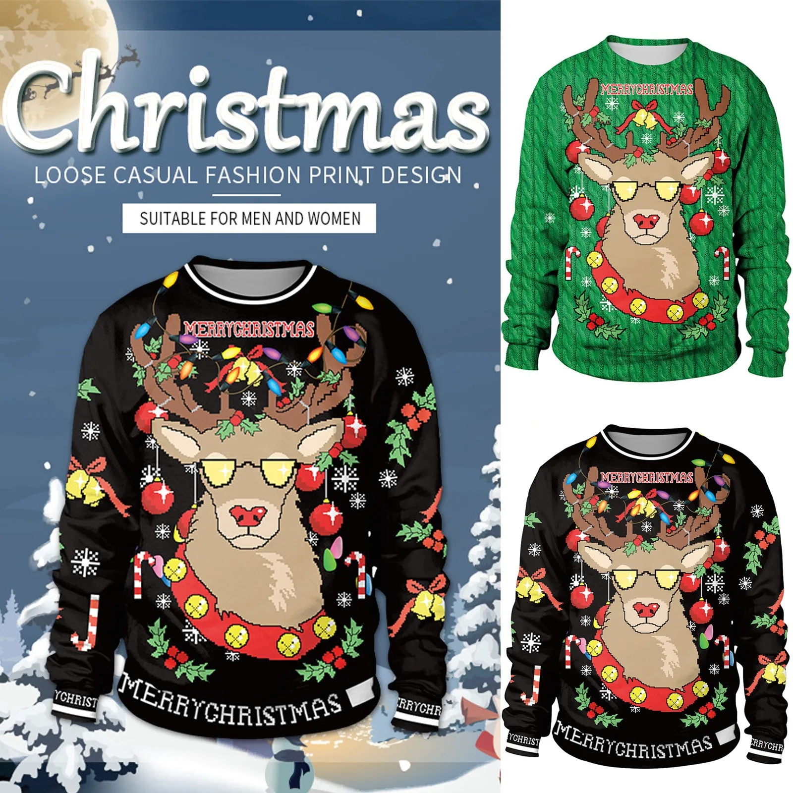 

Women Men 3D Christmas Print Blouse Long Sleeve Autumn Winter O-Neck Sweatshirt Blouse