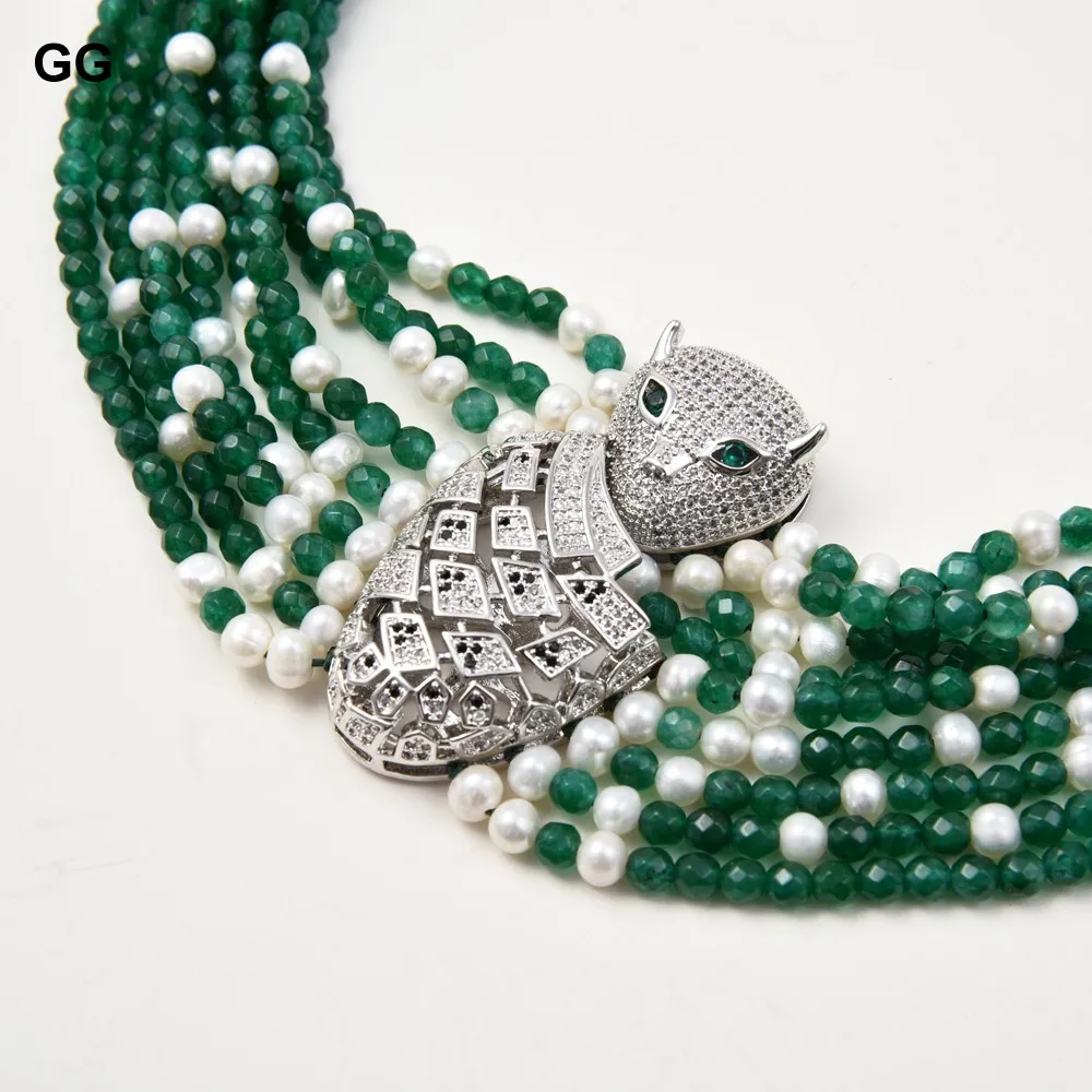 Ожерелье с зелёным агатом и белым жемчугом 18 дюймов 9 нитей|pearl necklace|white pearl
