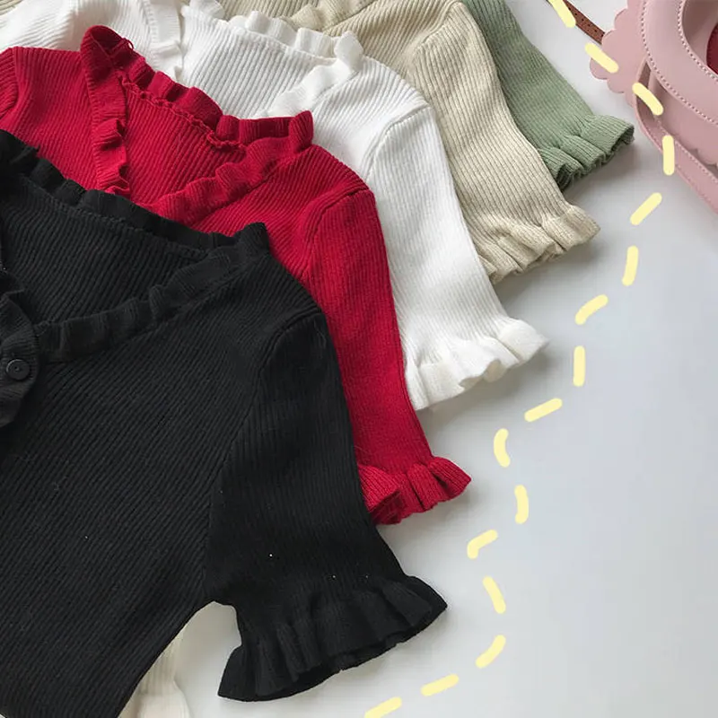 

Korean Style O-neck Thin Short Knitted Sweaters Women Buttons Cardigan Fashion Short Sleeve Ruffle T-shirt Clubwear Ropa Mujer