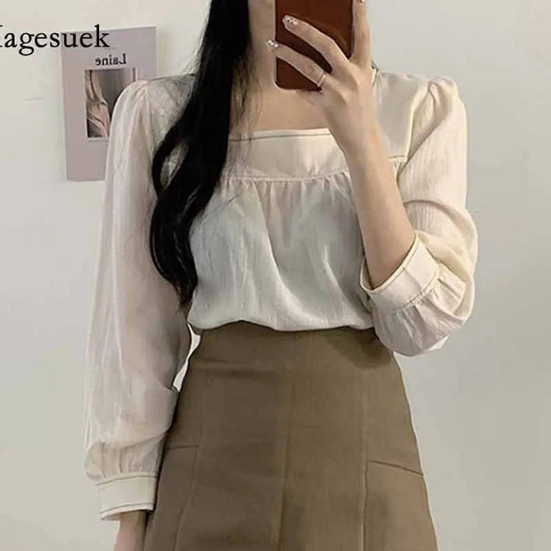 

Women Long Puff Sleeve Splicing Shirts Plus Size Women Clothing Sweet Korean Style Square Collar Solid Color Blouse Blusas 11667