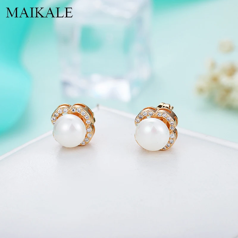 Женские серьги классического дизайна MAIKALE, романтические серьги-гвоздики золотистого цвета с цветком и жемчужиной из фианита, ювелирные изделия для подарка