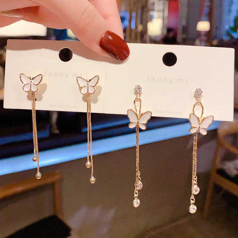 White Mother Shell Butterfly Earrings Long Sterling Silvers Needle One Style For Dual-Wear Stud