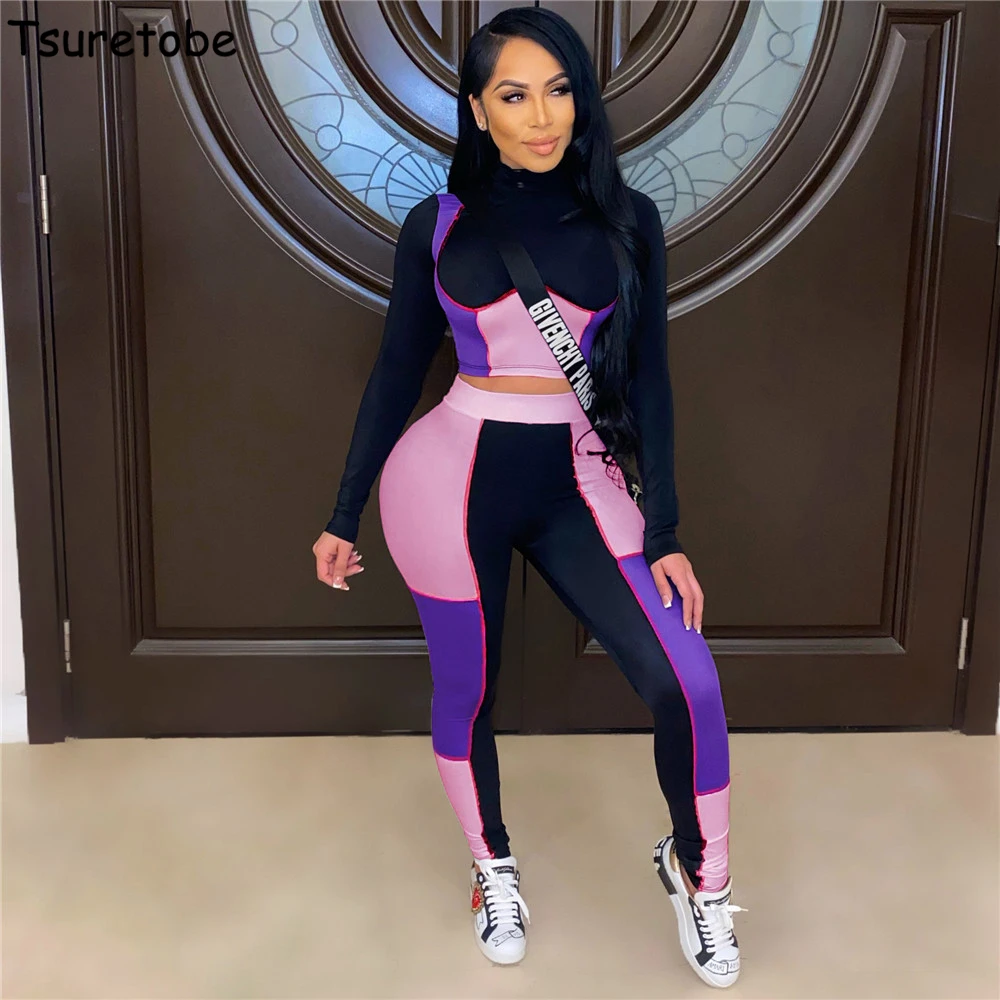 

Tsuretobe Patchwork Two Piece Set Women Full Sleeve Crop Top Skinny High Waist Leggings Sexy Color Block Club Outfits For Women